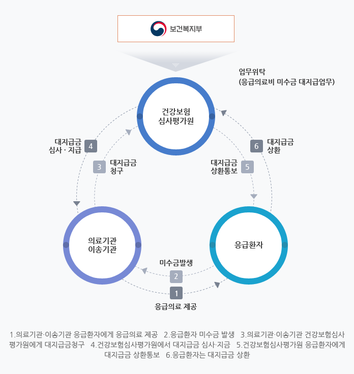 보건복지부 업무위탁(응급의료비 미수금 대지급업무) / 1. 의료기관ㆍ이송기관 응급환자에게 응급의료 제공, 2. 응급환자 미수금 발생 3. 의료기관ㆍ이송기관 건강보험심사평가원에게 대지급금청구 4. 건강보험심사평가원에서 대지급금 심사ㆍ지급 5. 건강보험심사평가원 응급환자에게 대지급금 상환통보 6. 응급환자는 대지급금 상환