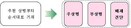 종전에는 주된 상병부터 순서대로 기재하던 것이, 주상병, 부상병, 배제진단을 함께 기재하는것으로 보완된다.