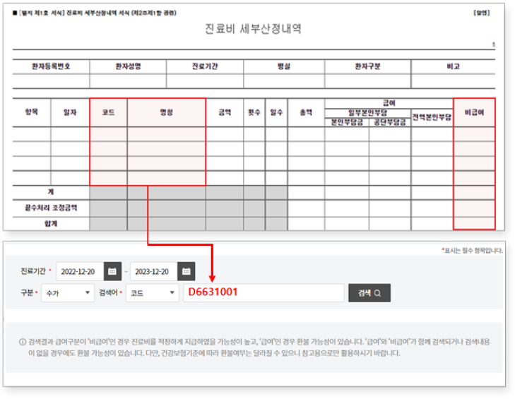 진료비 세부산정내역서에 표기된 항목 중 비급여로 지급한 항목명 또는 EDI코드를 검색창에 입력합니다.