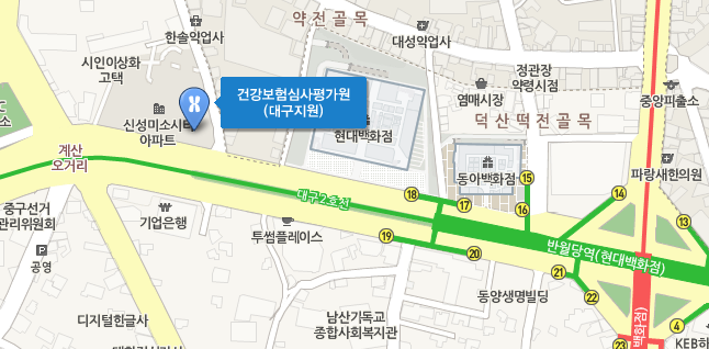 대구지원 약도 - 지하철 이용시 지하철 1호선, 2호선 이용반월당역하차 18번출구 (도보5분)