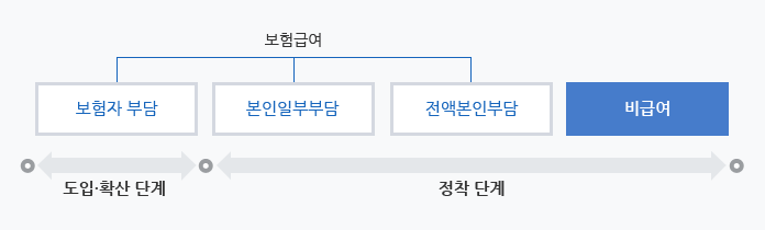 보험급여는 도입ㆍ확산단계 (보험자부담) 을지나 정착단계( 본인일부부담,전액본인부담)으로 돼있으며, 비급여는 정착단계에 포함된다